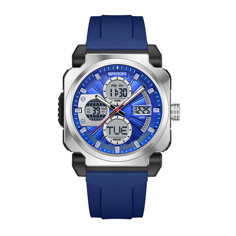 SANDA SD3377 Live Edition Men's Tactical Dual Display Ana-Digi Sport Watch - 49mm Steel Shield ABS Case 5ATM Waterproof Triple Time Multi-Function Silicone Strap Wristwatch