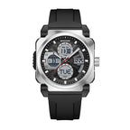 SANDA SD3377 Live Edition Men's Tactical Dual Display Ana-Digi Sport Watch - 49mm Steel Shield ABS Case 5ATM Waterproof Triple Time Multi-Function Silicone Strap Wristwatch