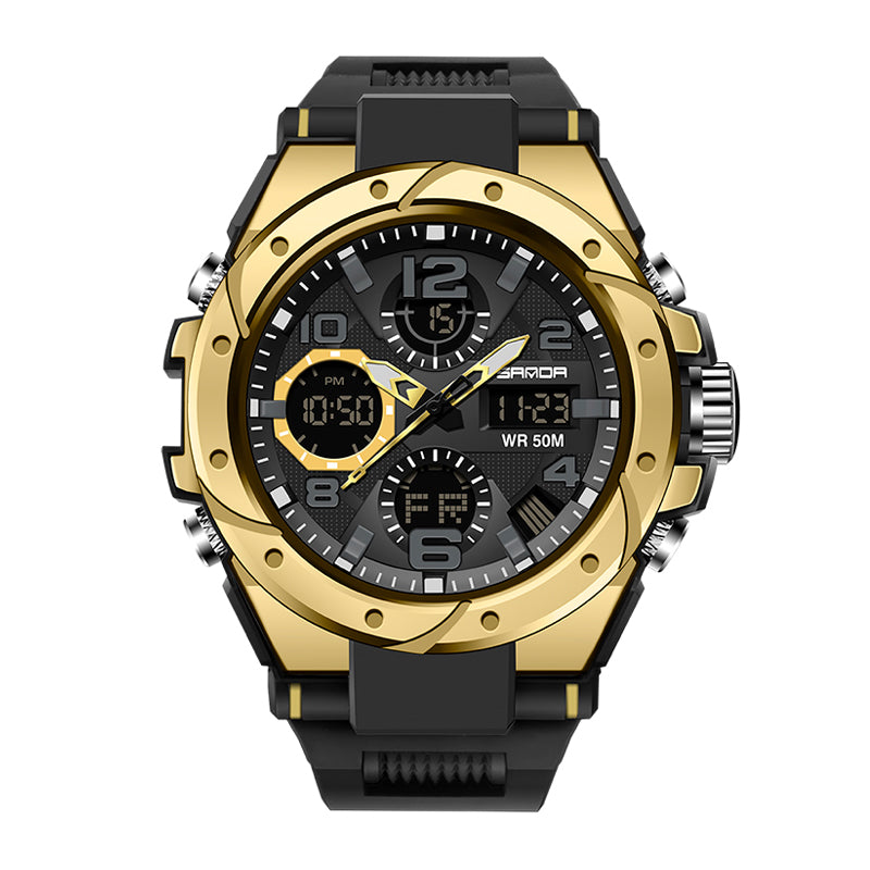 SANDA SD6008 Live Edition Men's Tactical Dual Display Ana-Digi Sport Watch - 53mm Heavy-Duty ABS Case 5ATM Waterproof Dual Time TPU Strap Wristwatch