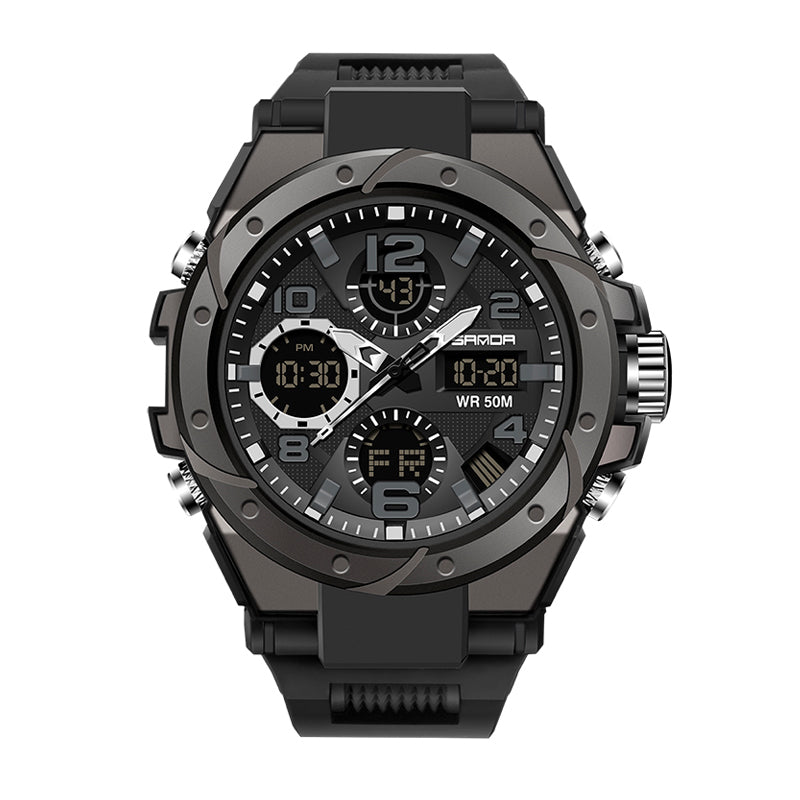 SANDA SD6008 Live Edition Men's Tactical Dual Display Ana-Digi Sport Watch - 53mm Heavy-Duty ABS Case 5ATM Waterproof Dual Time TPU Strap Wristwatch