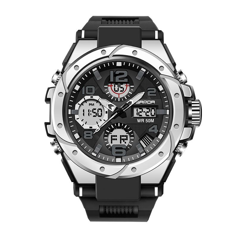 SANDA SD6008 Live Edition Men's Tactical Dual Display Ana-Digi Sport Watch - 53mm Heavy-Duty ABS Case 5ATM Waterproof Dual Time TPU Strap Wristwatch