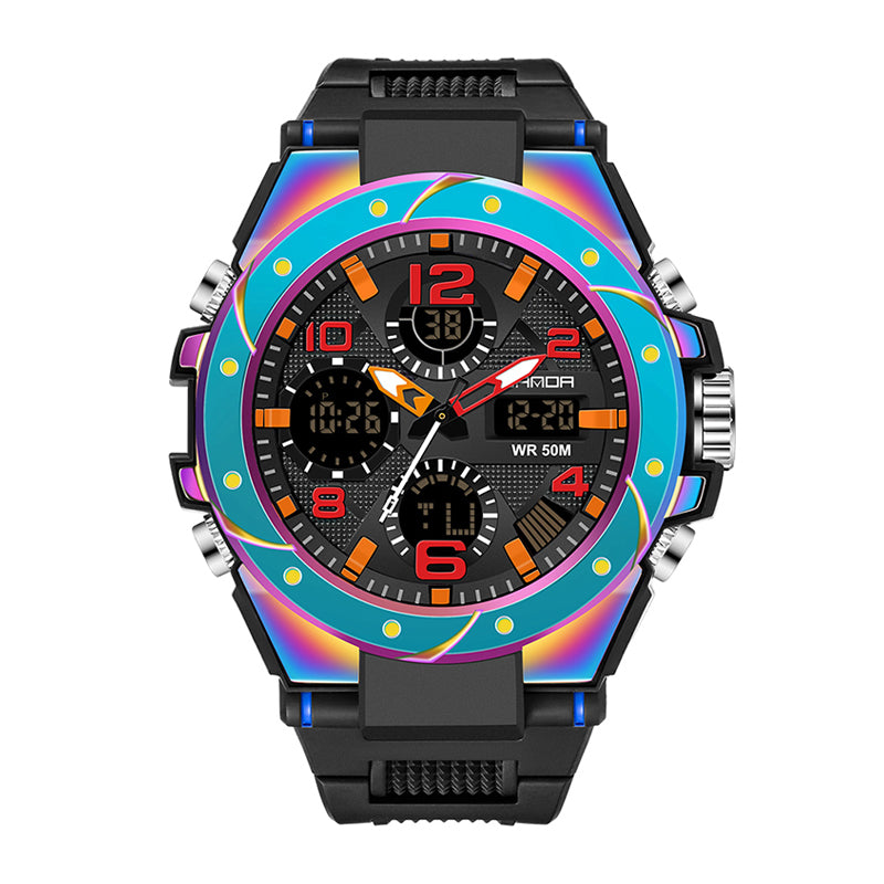 SANDA SD6008 Live Edition Men's Tactical Dual Display Ana-Digi Sport Watch - 53mm Heavy-Duty ABS Case 5ATM Waterproof Dual Time TPU Strap Wristwatch