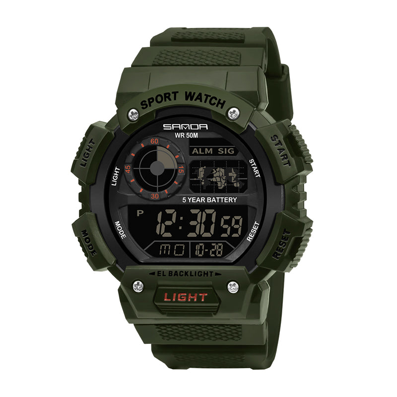 SANDA SD6009 Live Edition Men's Tactical Digital Sport Watch - 45mm Rugged ABS Case World Map 5ATM Waterproof Dual Time Stopwatch Front Light Button TPU Strap Wristwatch