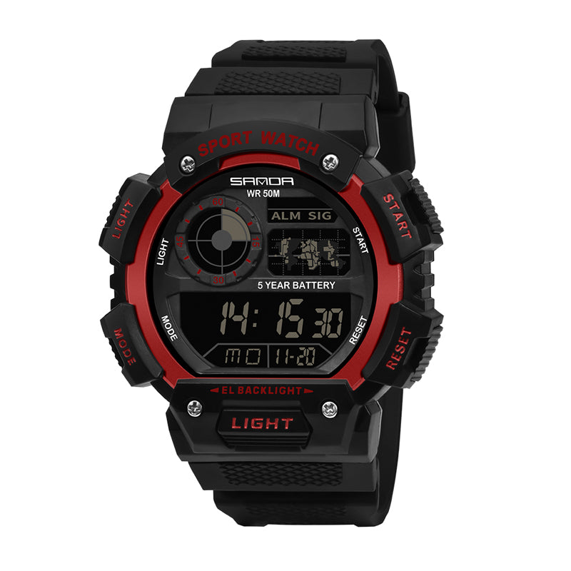 SANDA SD6009 Live Edition Men's Tactical Digital Sport Watch - 45mm Rugged ABS Case World Map 5ATM Waterproof Dual Time Stopwatch Front Light Button TPU Strap Wristwatch