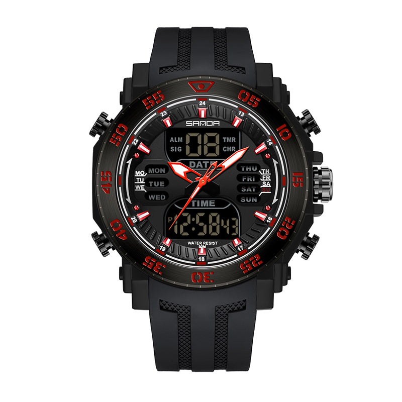 SANDA SD6029 Live Edition Men's Tactical Dual Display Ana-Digi Sport Watch - 53mm Steel Ring ABS Case 5ATM Waterproof Dual Time Multi-Function TPU Strap Wristwatch