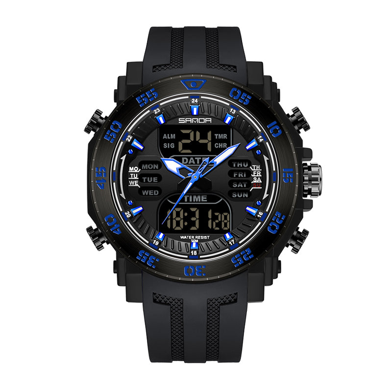 SANDA SD6029 Live Edition Men's Tactical Dual Display Ana-Digi Sport Watch - 53mm Steel Ring ABS Case 5ATM Waterproof Dual Time Multi-Function TPU Strap Wristwatch