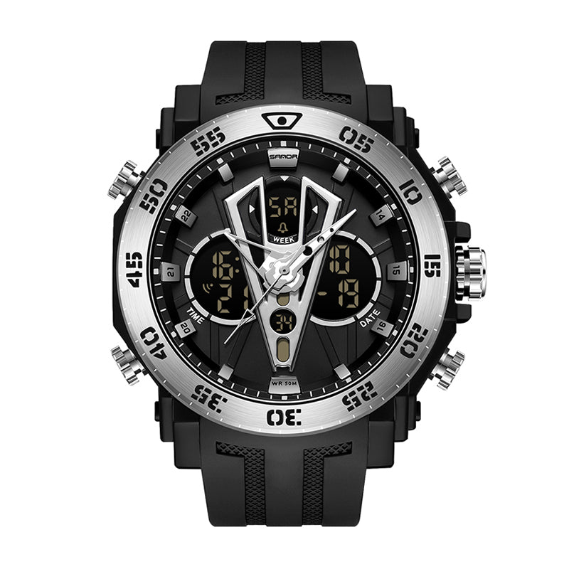 SANDA SD6105 Live Edition Men's Tactical Dual Display Ana-Digi Sport Watch - 53mm Stainless Steel Case 5ATM Waterproof Stopwatch Multi-Function TPU Strap Wristwatch