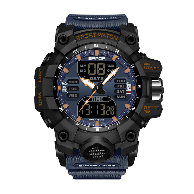 SANDA SD6126 Live Edition Men's Tactical Dual Display Ana-Digi Sport Watch - 55mm Rugged ABS Case 5ATM Waterproof Dual Time Stopwatch Front Light Button TPU Strap Wristwatch