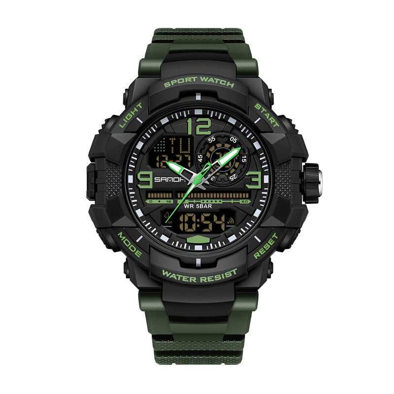 SANDA SD6130 Live Edition Men's Tactical Dual Display Ana-Digi Sport Watch - 57mm Rugged ABS Case 5ATM Waterproof Stopwatch Multi-Function TPU Strap Wristwatch