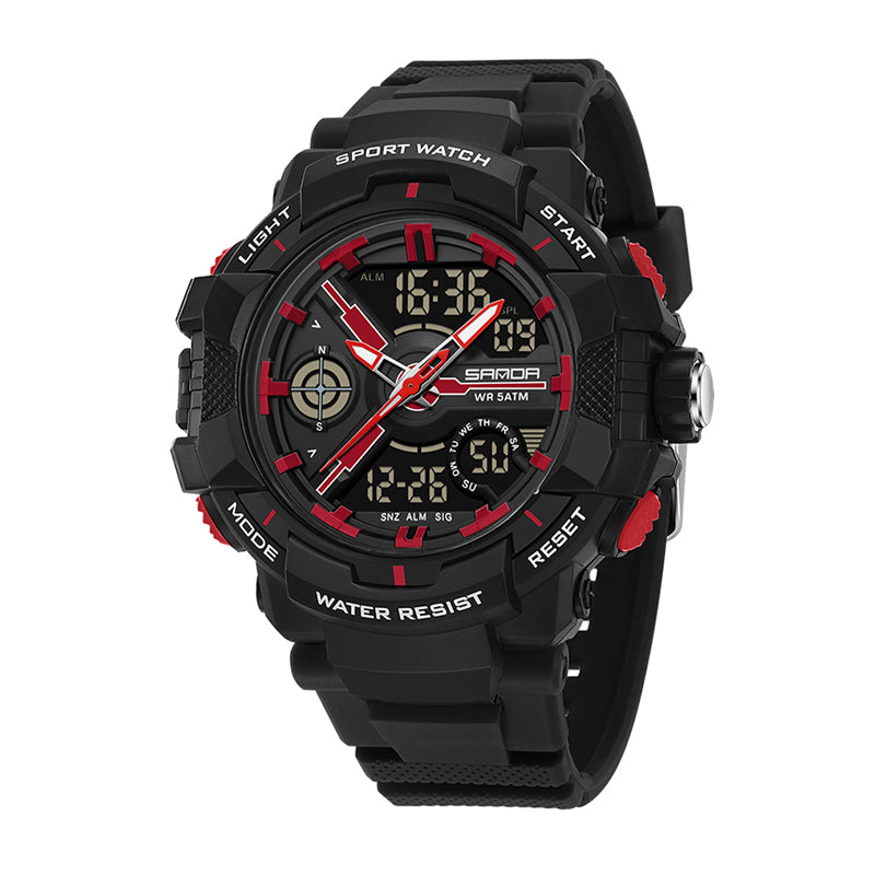 SANDA SD6226 Live Edition Men's Tactical Dual Display Ana-Digi Sport Watch - 53mm Rugged ABS Case 5ATM Waterproof Triple Time Multi-Function TPU Strap Wristwatch