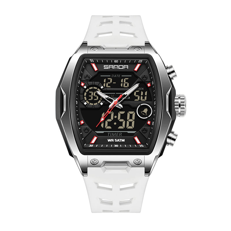 SANDA SD6235 Live Edition Men's Tactical Dual Display Ana-Digi Sport Watch - 51x47mm Tonneau ABS Case 5ATM Waterproof Triple Time Stopwatch Silicone Strap Wristwatch