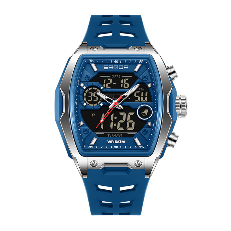 SANDA SD6235 Live Edition Men's Tactical Dual Display Ana-Digi Sport Watch - 51x47mm Tonneau ABS Case 5ATM Waterproof Triple Time Stopwatch Silicone Strap Wristwatch