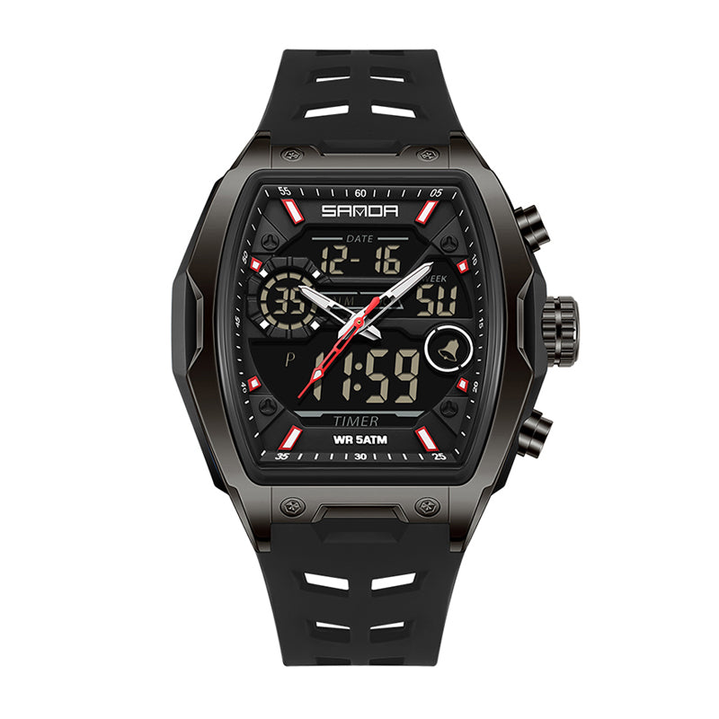SANDA SD6235 Live Edition Men's Tactical Dual Display Ana-Digi Sport Watch - 51x47mm Tonneau ABS Case 5ATM Waterproof Triple Time Stopwatch Silicone Strap Wristwatch
