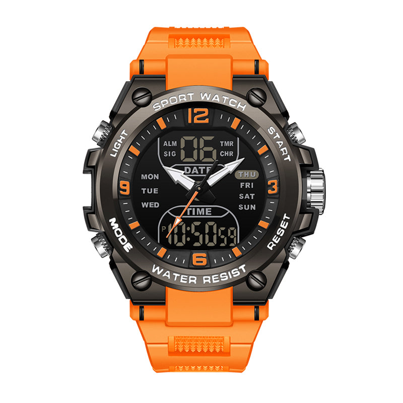 SANDA SD6252 Live Edition Men's Tactical Dual Display Ana-Digi Sport Watch - 53mm Heavy-Duty ABS Case 5ATM Waterproof Triple Time Multi-Function TPU Strap Wristwatch