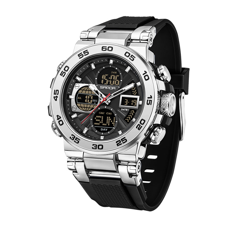 SANDA SD6312 Live Edition Men's Tactical Dual Display Ana-Digi Sport Watch - 53mm Rugged ABS Case 5ATM Waterproof Triple Time Multi-Function TPU Strap Wristwatch