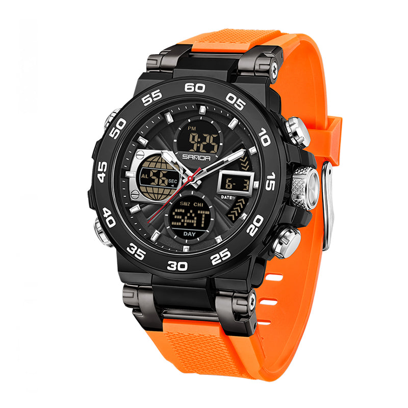 SANDA SD6312 Live Edition Men's Tactical Dual Display Ana-Digi Sport Watch - 53mm Rugged ABS Case 5ATM Waterproof Triple Time Multi-Function TPU Strap Wristwatch