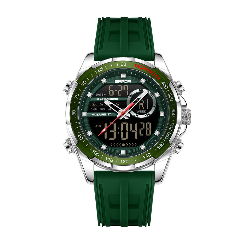 SANDA SD6318 Live Edition Men's Tactical Dual Display Ana-Digi Sport Watch - 50mm Zinc Alloy Case Tachymeter Bezel 5ATM Waterproof Triple Time Multi-Function Silicone Strap Wristwatch