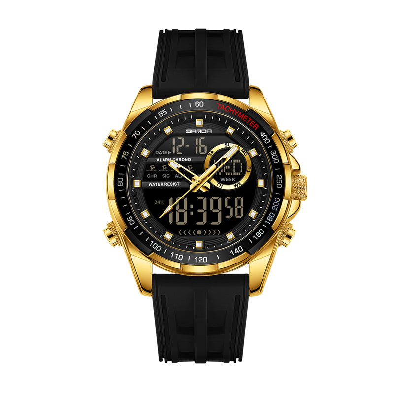 SANDA SD6318 Live Edition Men's Tactical Dual Display Ana-Digi Sport Watch - 50mm Zinc Alloy Case Tachymeter Bezel 5ATM Waterproof Triple Time Multi-Function Silicone Strap Wristwatch