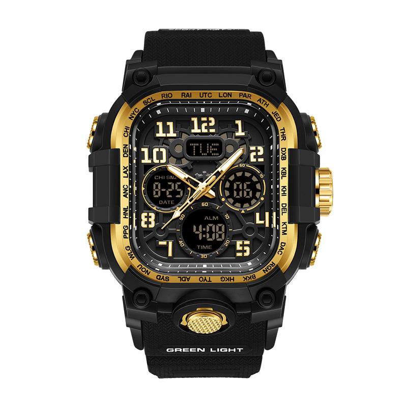 SANDA SD6357 Live Edition Men's Tactical Dual Display Ana-Digi Sport Watch - 62x54mm Rugged ABS Case 5ATM Waterproof Triple Time Multi-Function TPU Strap Wristwatch