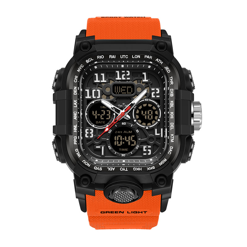 SANDA SD6357 Live Edition Men's Tactical Dual Display Ana-Digi Sport Watch - 62x54mm Rugged ABS Case 5ATM Waterproof Triple Time Multi-Function TPU Strap Wristwatch
