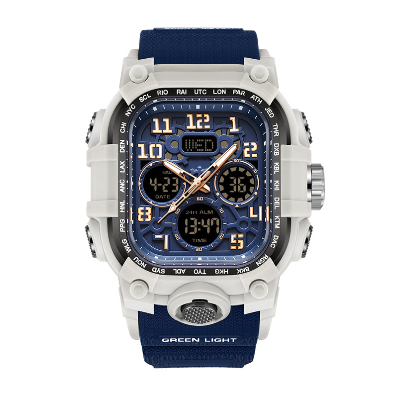 SANDA SD6357 Live Edition Men's Tactical Dual Display Ana-Digi Sport Watch - 62x54mm Rugged ABS Case 5ATM Waterproof Triple Time Multi-Function TPU Strap Wristwatch