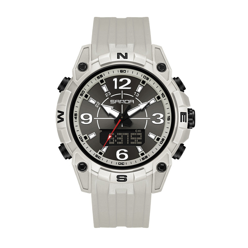 SANDA SD6393 Live Edition Men's Tactical Dual Display Ana-Digi Sport Watch - 50mm Compass Bezel 5ATM Waterproof Triple Time Multi-Function TPU Strap Wristwatch