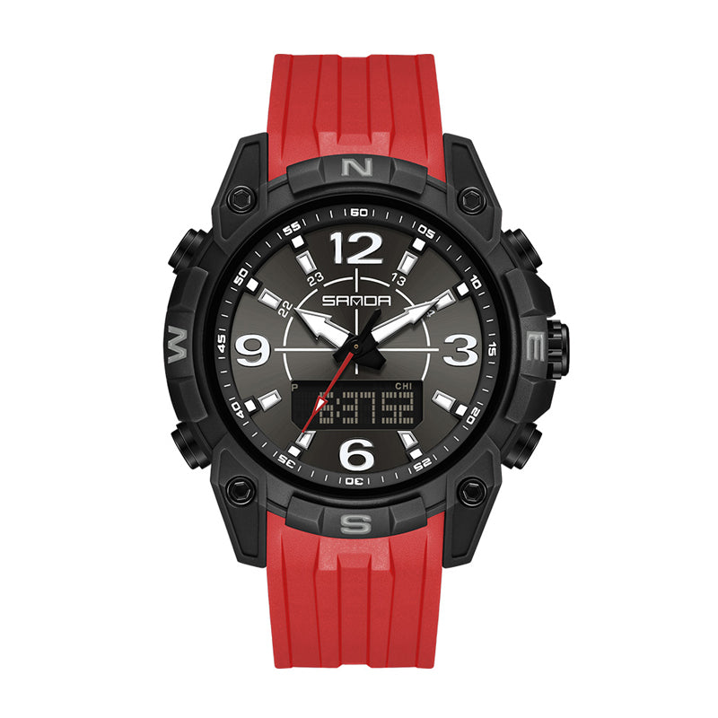 SANDA SD6393 Live Edition Men's Tactical Dual Display Ana-Digi Sport Watch - 50mm Compass Bezel 5ATM Waterproof Triple Time Multi-Function TPU Strap Wristwatch