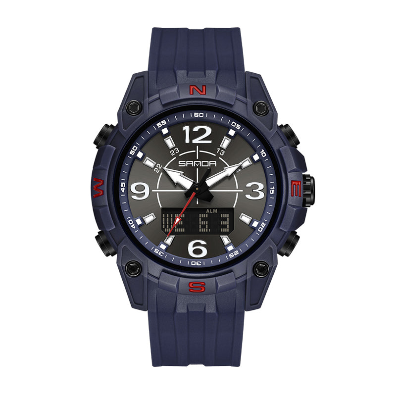 SANDA SD6393 Live Edition Men's Tactical Dual Display Ana-Digi Sport Watch - 50mm Compass Bezel 5ATM Waterproof Triple Time Multi-Function TPU Strap Wristwatch