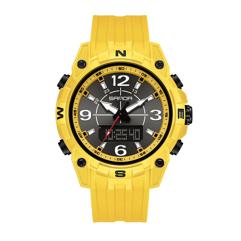SANDA SD6393 Live Edition Men's Tactical Dual Display Ana-Digi Sport Watch - 50mm Compass Bezel 5ATM Waterproof Triple Time Multi-Function TPU Strap Wristwatch