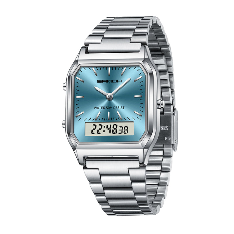SANDA SD747 Live Edition Men's Retro Octagonal Dual Display Ana-Digi Watch - 34mm Zinc Alloy Case 5ATM Waterproof Triple Time Stainless Steel Link Bracelet Wristwatch