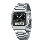 SANDA SD747 Live Edition Men's Retro Octagonal Dual Display Ana-Digi Watch - 34mm Zinc Alloy Case 5ATM Waterproof Triple Time Stainless Steel Link Bracelet Wristwatch