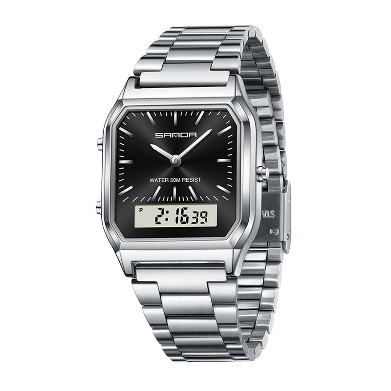 SANDA SD747 Live Edition Men's Retro Octagonal Dual Display Ana-Digi Watch - 34mm Zinc Alloy Case 5ATM Waterproof Triple Time Stainless Steel Link Bracelet Wristwatch
