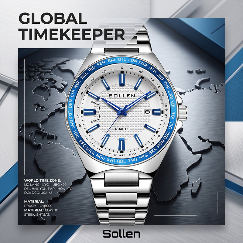 Sollen SL710 Quartz Watch - Men's World-Time Bezel Stainless Steel 3-Bead Bracelet Wristwatch