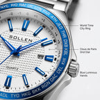 Sollen SL710 Quartz Watch - Men's World-Time Bezel Stainless Steel 3-Bead Bracelet Wristwatch