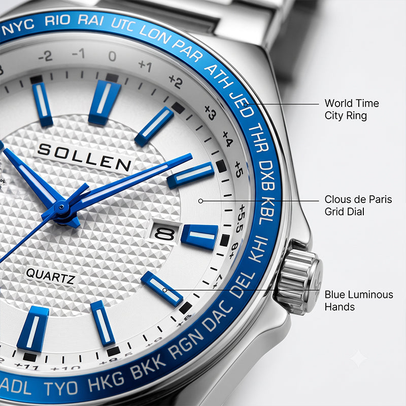 Sollen SL710 Quartz Watch - Men's World-Time Bezel Stainless Steel 3-Bead Bracelet Wristwatch