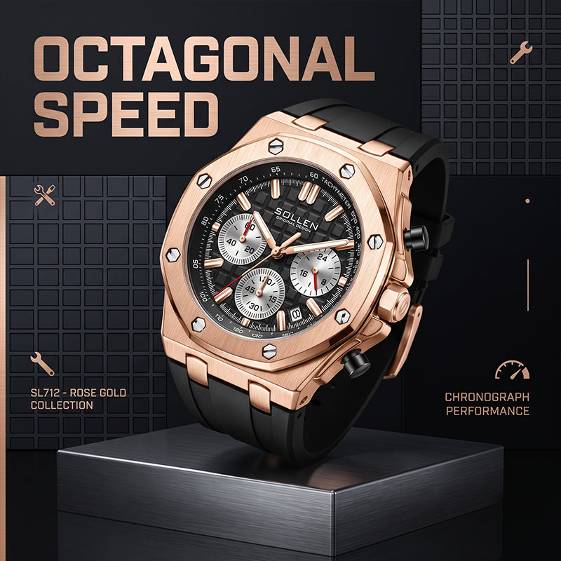 Sollen SL712 Chronograph Watch - Men's Rose Gold Case Multi-Function Dial Performance Silicone Strap Wristwatch