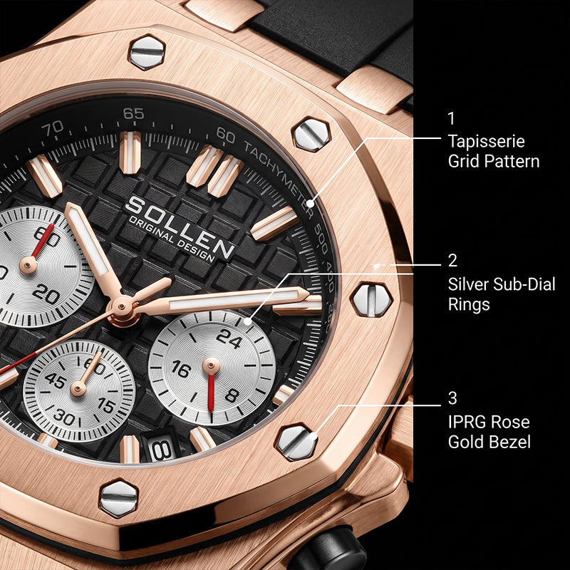 Sollen SL712 Chronograph Watch - Men's Rose Gold Case Multi-Function Dial Performance Silicone Strap Wristwatch