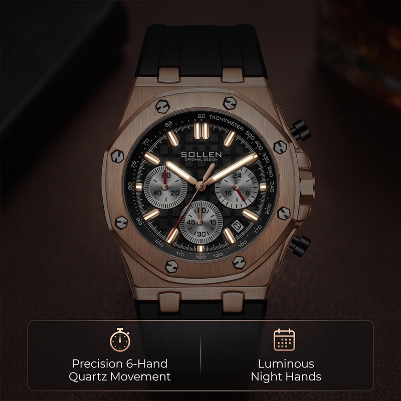 Sollen SL712 Chronograph Watch - Men's Rose Gold Case Multi-Function Dial Performance Silicone Strap Wristwatch