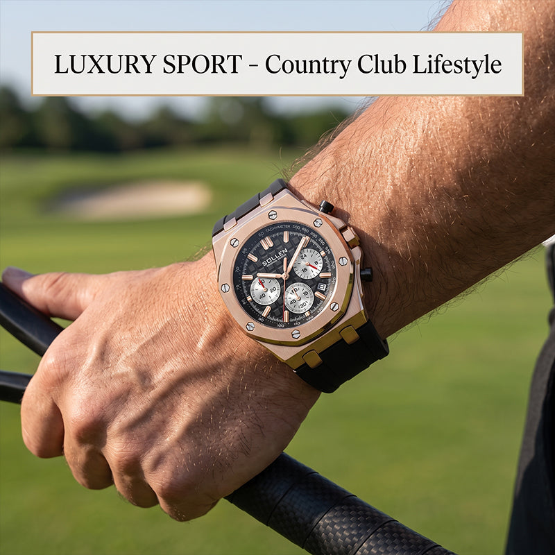 Sollen SL712 Chronograph Watch - Men's Rose Gold Case Multi-Function Dial Performance Silicone Strap Wristwatch