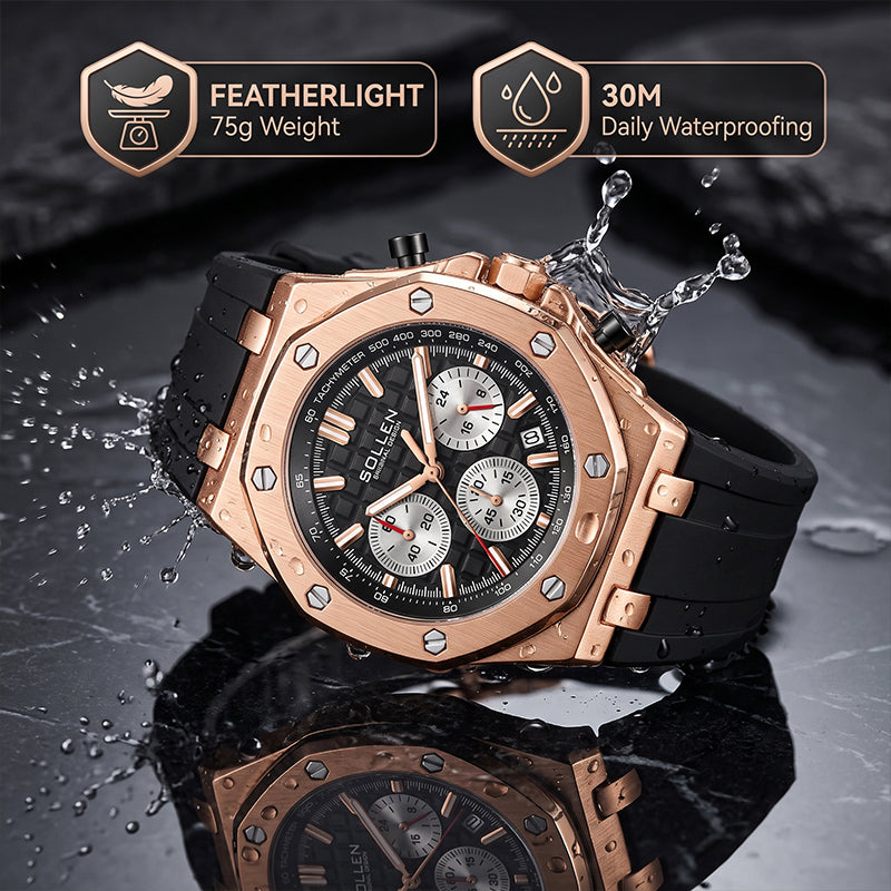 Sollen SL712 Chronograph Watch - Men's Rose Gold Case Multi-Function Dial Performance Silicone Strap Wristwatch