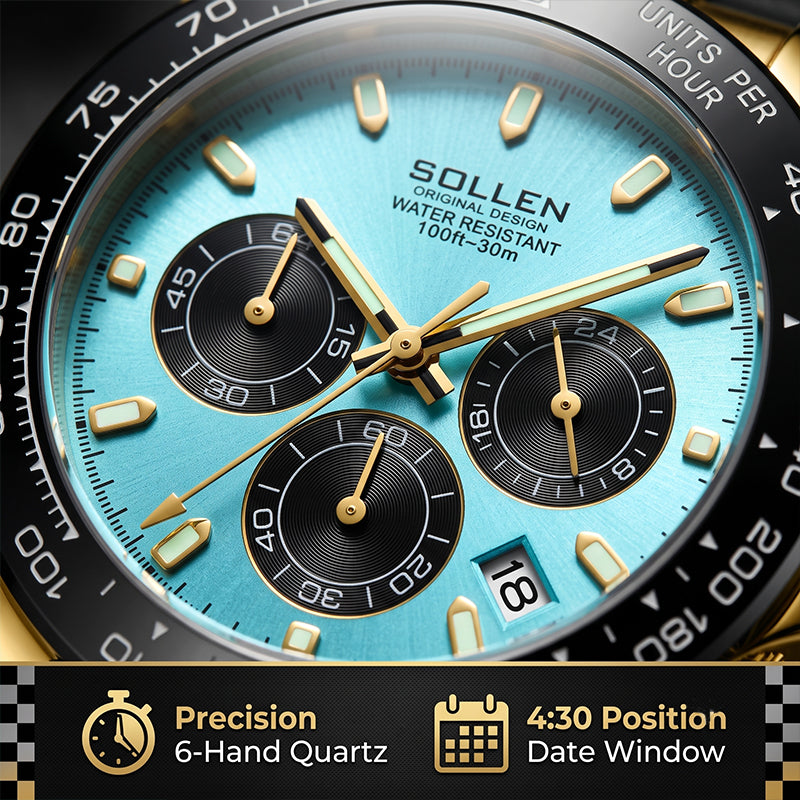 Sollen SL713 Chronograph Watch - Men's Multi-Function Textured Dial Performance Silicone Strap Wristwatch