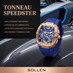 Sollen SL719 Chronograph Watch - Men's Rose Gold Tone Tonneau Case Performance Silicone Strap Wristwatch
