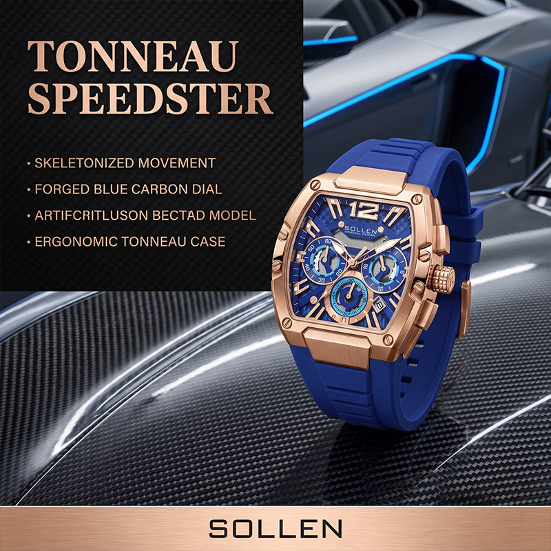 Sollen SL719 Chronograph Watch - Men's Rose Gold Tone Tonneau Case Performance Silicone Strap Wristwatch