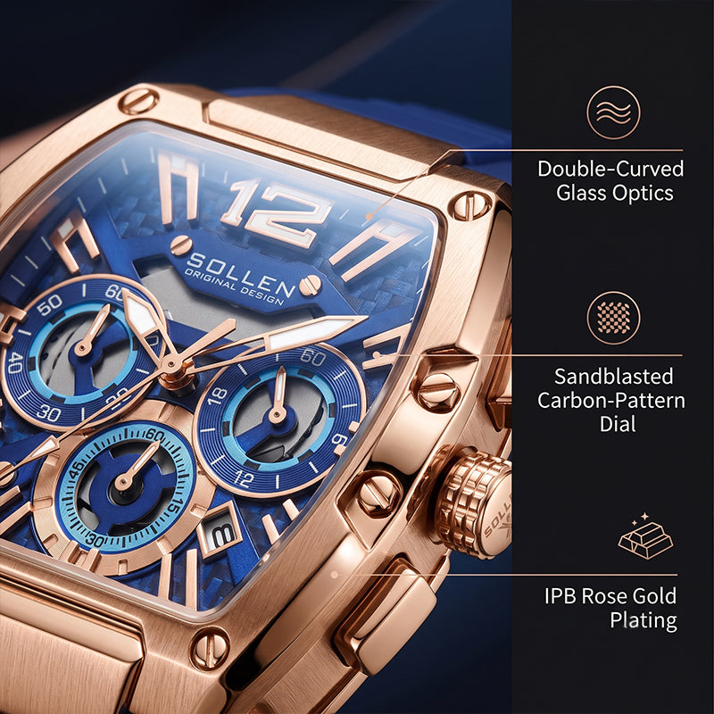 Sollen SL719 Chronograph Watch - Men's Rose Gold Tone Tonneau Case Performance Silicone Strap Wristwatch