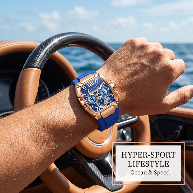 Sollen SL719 Chronograph Watch - Men's Rose Gold Tone Tonneau Case Performance Silicone Strap Wristwatch