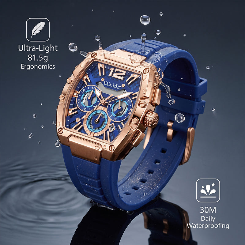 Sollen SL719 Chronograph Watch - Men's Rose Gold Tone Tonneau Case Performance Silicone Strap Wristwatch