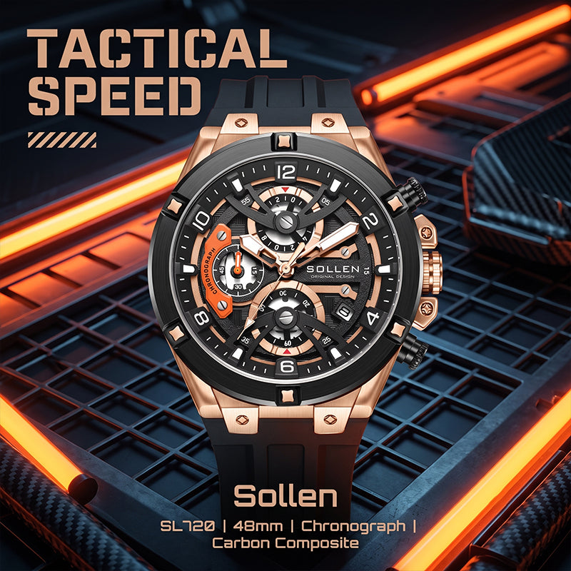 Sollen SL720 Chronograph Watch - Men's Multi-Function Textured Dial Performance Silicone Strap Wristwatch