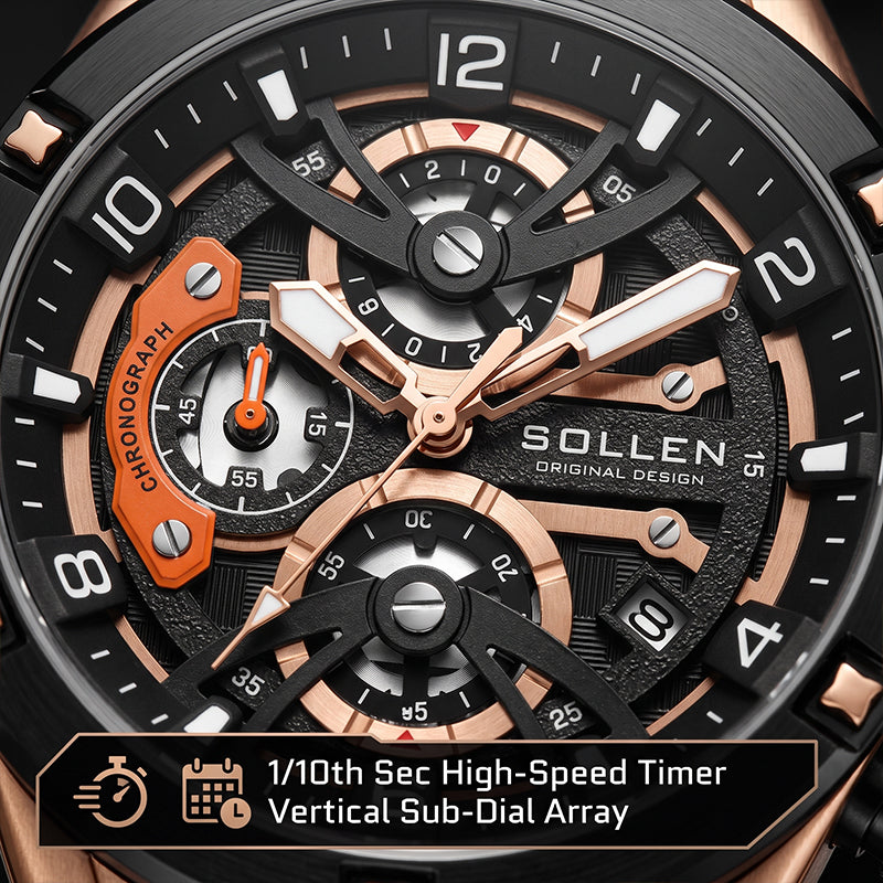 Sollen SL720 Chronograph Watch - Men's Multi-Function Textured Dial Performance Silicone Strap Wristwatch