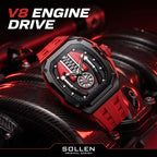 Sollen SL729 Sport Watch - Men's Racing Tonneau Engine Relief 6H Small Seconds Luminous Silicone Strap Wristwatch