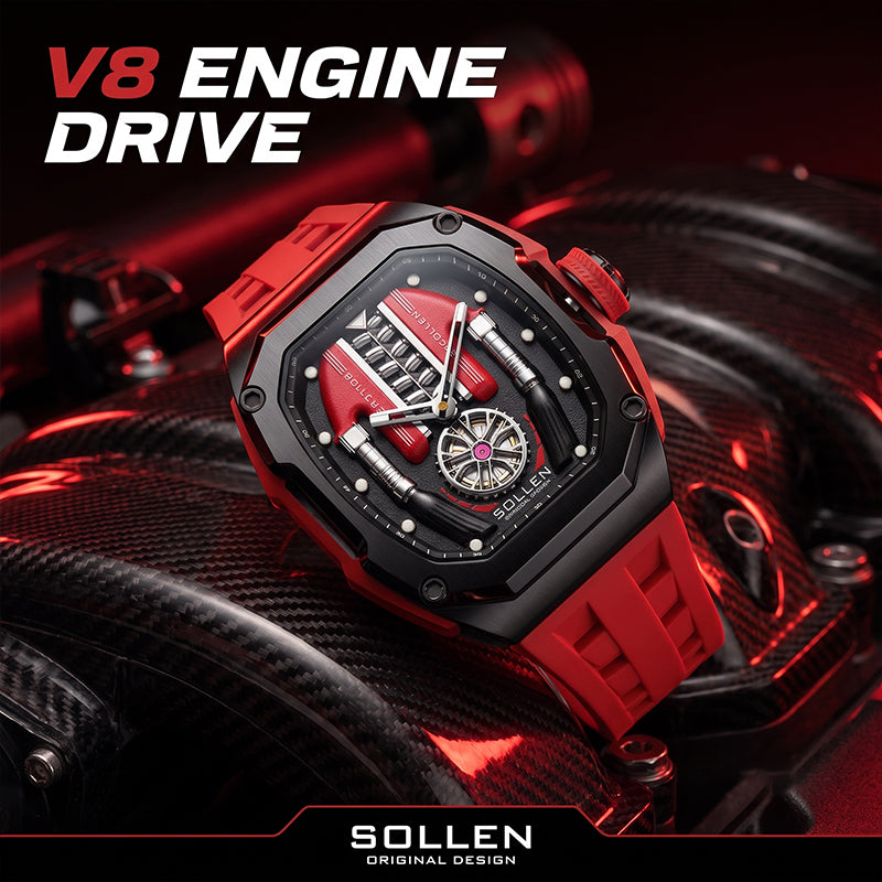 Sollen SL729 Sport Watch - Men's Racing Tonneau Engine Relief 6H Small Seconds Luminous Silicone Strap Wristwatch